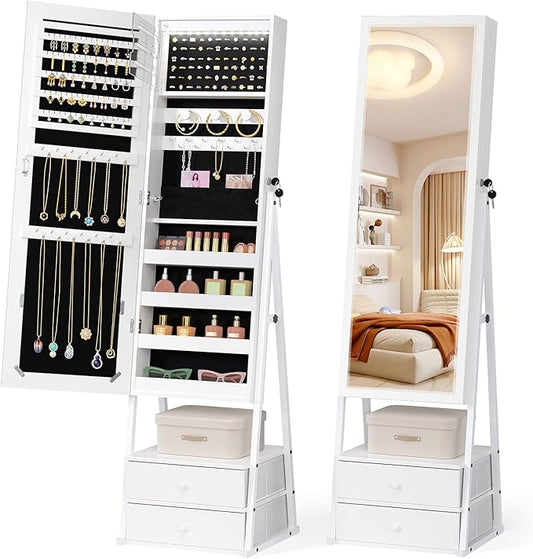 Bonnlo LED Jewelry Cabinet Armoire, Lockable Standing Mirror with Jewelry Storage, Full Length Mirror with 2 Drawers, Large Capacity Jewelry Organizer for Women, Gift Idea, Christmas Gifts,White