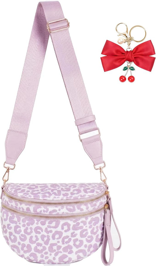 Leopard Crossbody Bag for Women | Spacious Bum Bags | Nylon Crossbody Fanny Packs | Leopard Purse Belt Wallet (Colour Bum Bag-Light Purple and White)