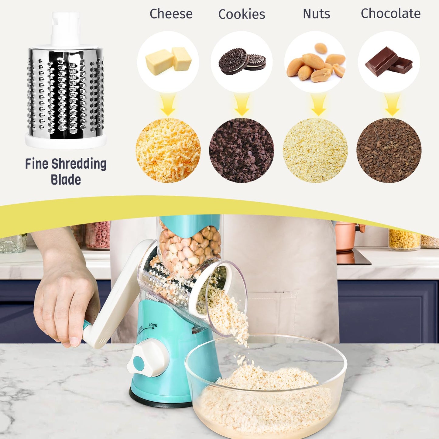 X Home Rotary Cheese Grater for Kitchen, Shredder with 3 Interchangeable Blades, Rotary Grater with Handle and Strong Suction Base, for Vegetables, Fruit, Nuts, Easy to Use and Clean, Blue