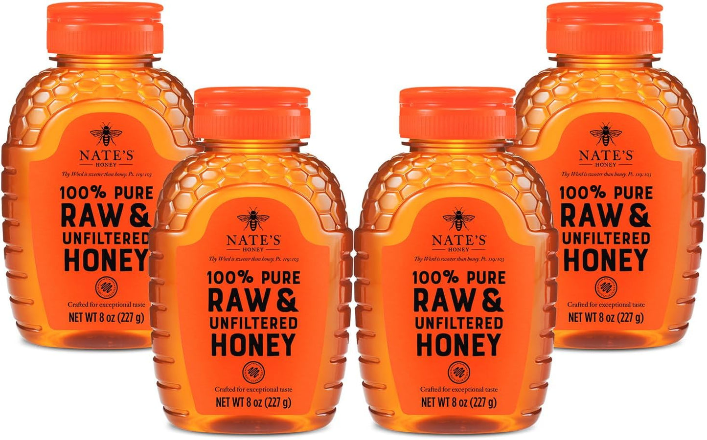 Nature Nate's 100% Pure, Raw & Unfiltered Honey, Award-Winning Taste - 8 oz Squeeze Bottle (4 Pack)