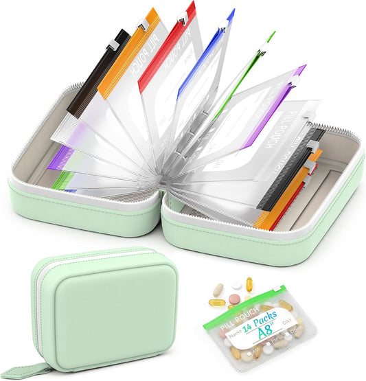 A8 Waterproof Pill Pouch Set, Large Weekly Pill Organizer with 14 Color-Coded Medicine Pouches, Reusable Travel Medicine Organizer, Zippered Pill Storage for Fish Oils, Vitamins（Green）