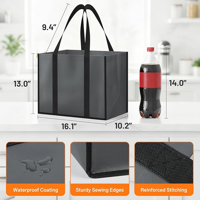 WISELIFE Reusable Grocery Bags with Handles - 3 Pack, 35L Large Shopping Bags for Groceries, Water-Resistant & Foldable Grocery Totes for Lasting Use for Kitchen, Market, Car Trunk, Picnic (Gray)