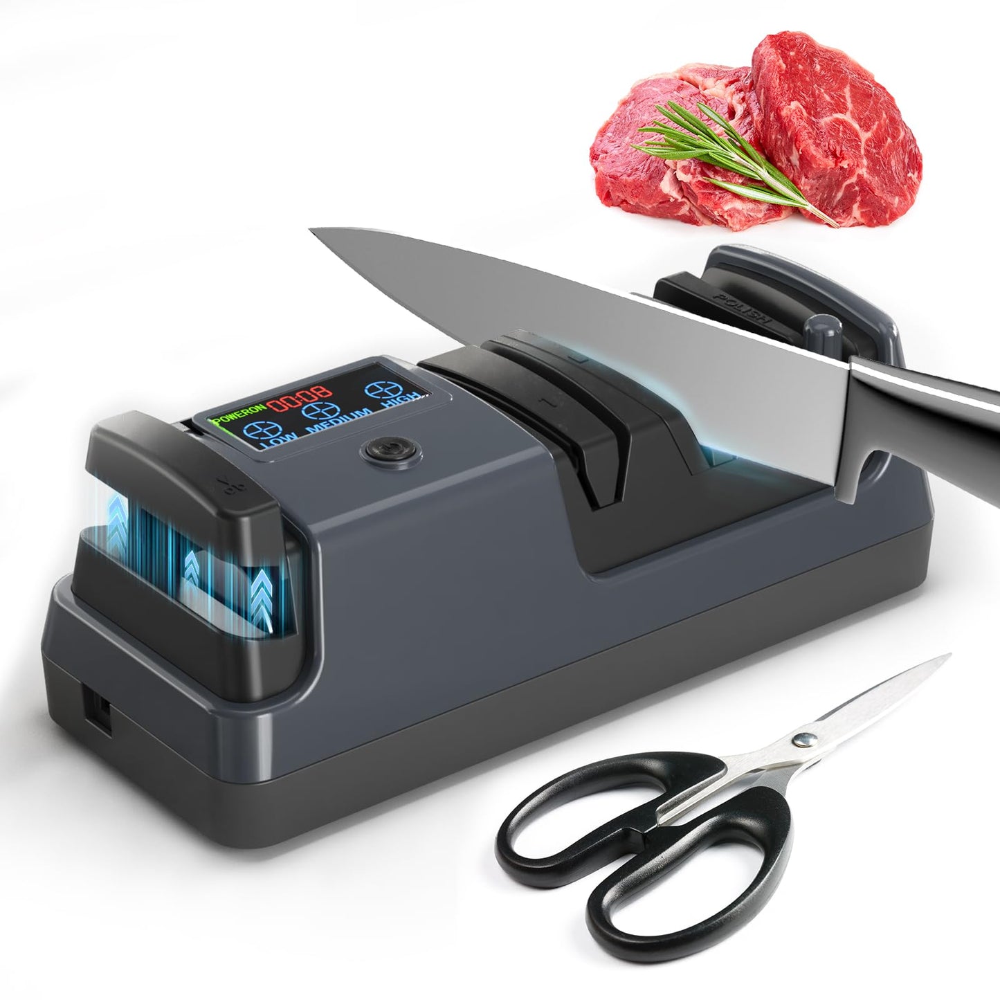 5-in-1 Electric Knife Sharpener for Kitchen Knives, with 100% Diamond Abrasives, 3 Adjustable Speeds, Quickly Sharpening for Straight/Serrated/Kitchen Knives, Scissors
