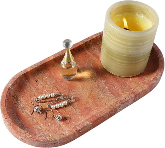 Koville Turkish Red Travertine Tray, 10" x 5" Vanity Decorative Marble Tray for Bathroom, Home DÃ©cor Trays for Countertop Organizer, Catchall Trays for Perfume, Candles, Jewelry
