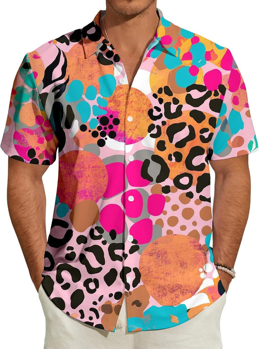 Leopard Shirt Men - Animal Print | Button Down Casual Shirts Short Sleeve Holiday Clothes | for Parties Dating