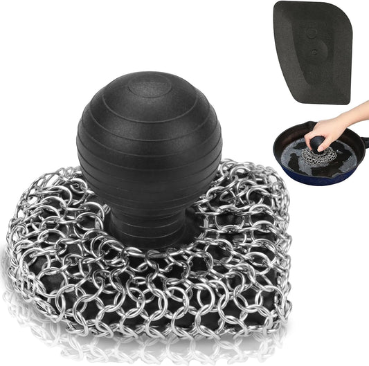 Cast Iron Scrubber with Pan Scraper, 316 Chainmail Scrubber, Upgraded Chain Mail Scrubber Sponge, Cast Iron Cleaner for Pan Skillet Wok Carbon Steel, Dutch Oven Metal Brush Cleaning Kit, Black