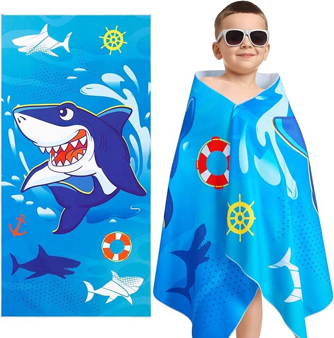 WERNNSAI Kids Beach Towel for Boys - 30” x 60” Shark Sand Free Swim Towels Pool Beach Towel for Boys Kids Quick Dry Absorbent Super Soft Beach Blanket Camping Travel Bath Shower Towel