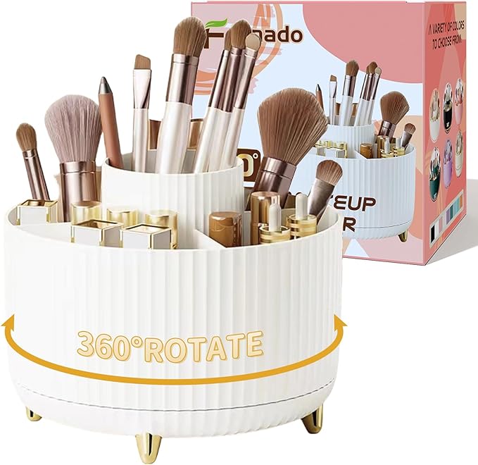 360Â° Rotate Makeup Brush Holder Organizer, Makeup Organizers Countertop, Makeup organization and Skincare Storage for Vanity, Desktop, Bathroom (White-1)