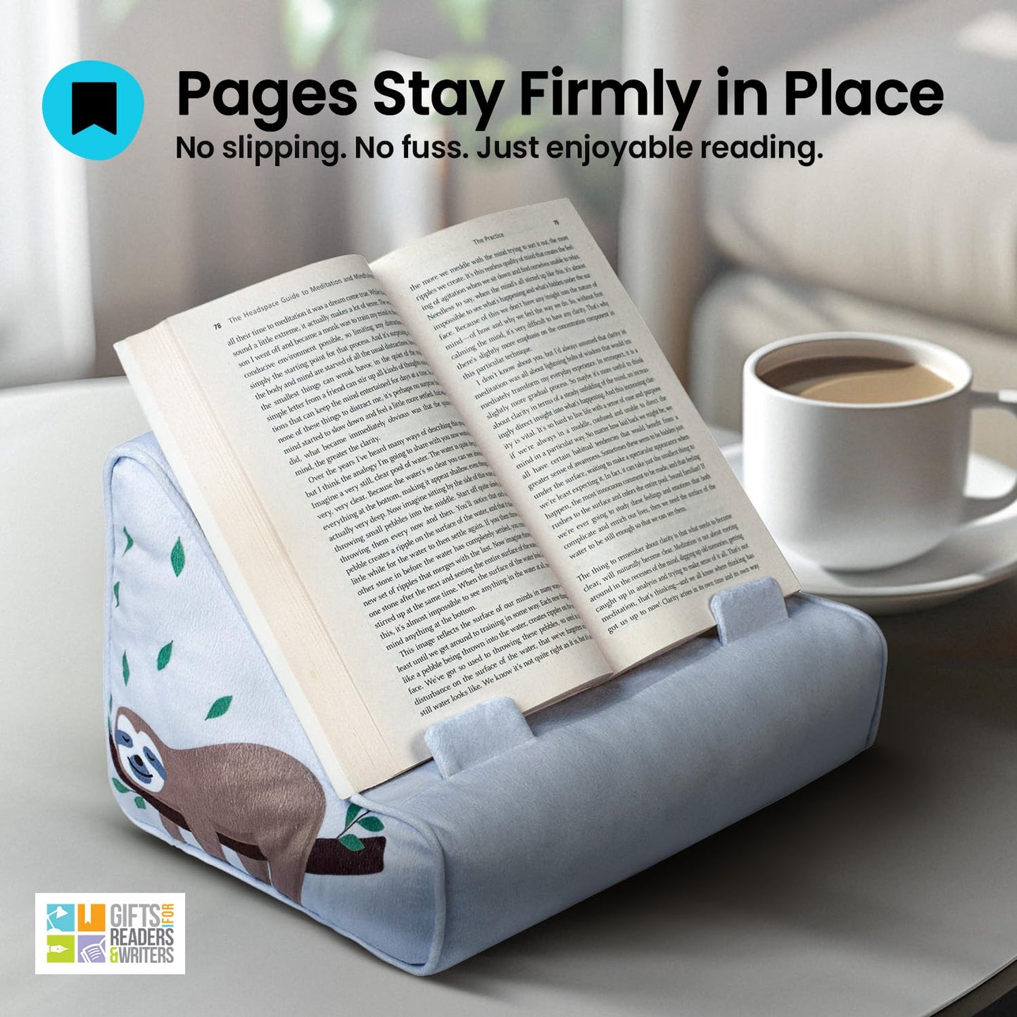 Gifts for Readers & Writers Book Pillow Tablet Stand for Bed Sloth - Premium Cushioned Book Holder for Hands Free Reading, Stylish Tablet Holder for Bed, Kindle Pillow Stands & Lap Ipad Holders