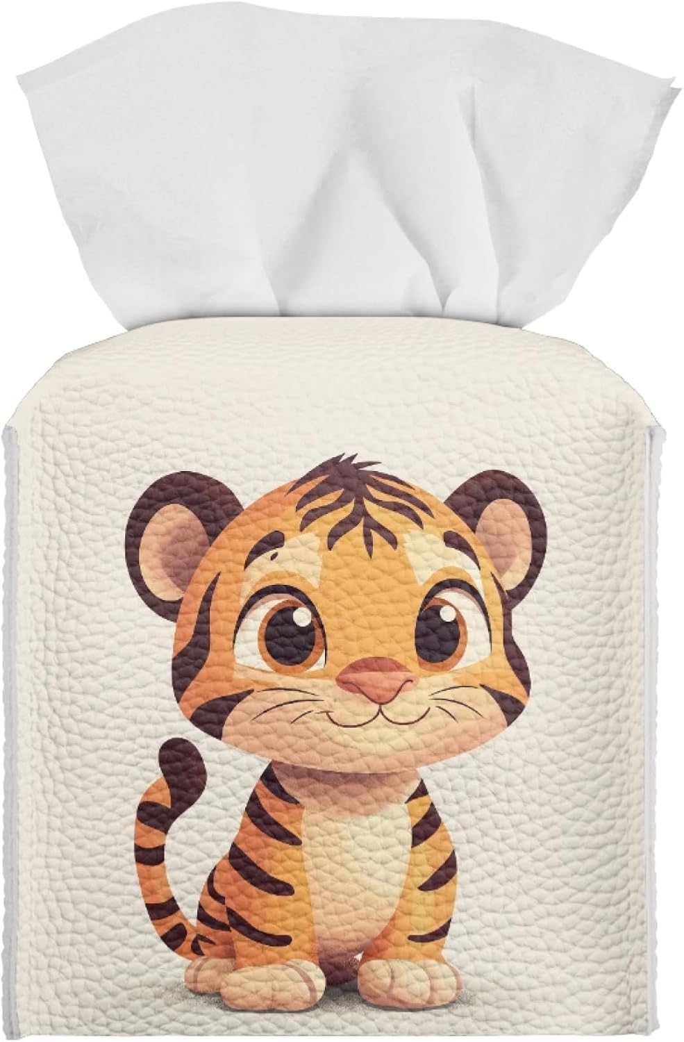 Cartoon Tiger Foldable Tissue Box Cover Square Facial Kleenex Napkin Holder PU Leather Tissue Box Holder for Car Home Bedroom Desk Office Decoration, Cute Cartoon Little Tiger Ivory
