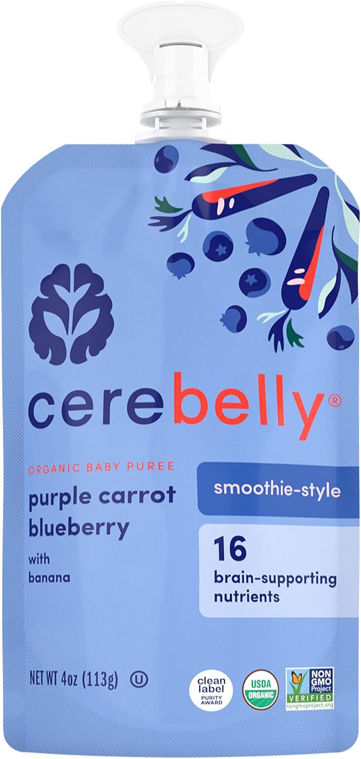 Cerebelly Organic Baby Food Pouches, Purple Carrot Blueberry Dairy-Free Smoothies, 16 Nutrients, No Added Sugar, Fiber & Non-GMO, 4oz, 1 Count