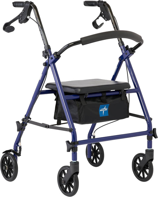 Medline Rolling Walker for Seniors, Folding Rollator with Seat and 6" Wheels, Blue, 350-lb. Capacity, Steel