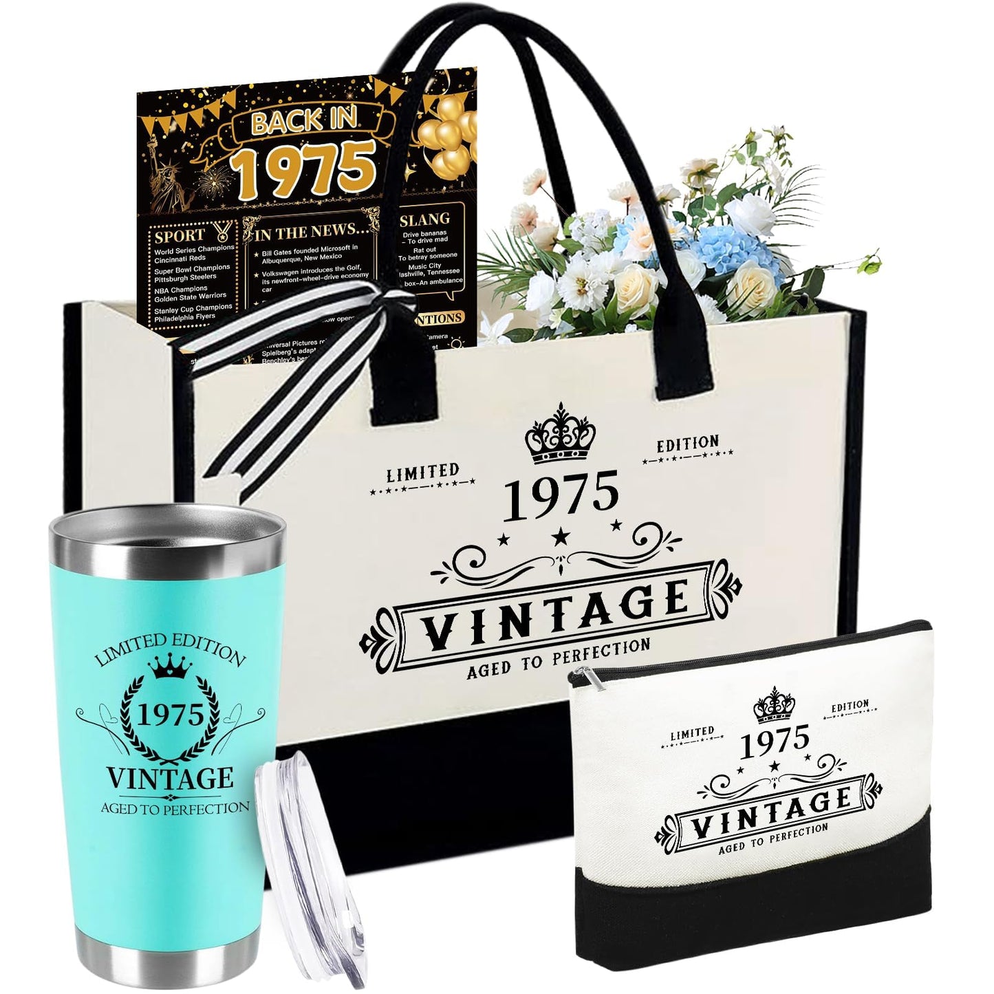 TrophyToast 50th Birthday Gifts for Women Her- 4 pcs, Turning 50 Year Old Gifts, Decorations Canvas Beach Tote Bag & Makeup Bag, Unique Happy 50th Birthday gifts for Her Mom Wife Friends
