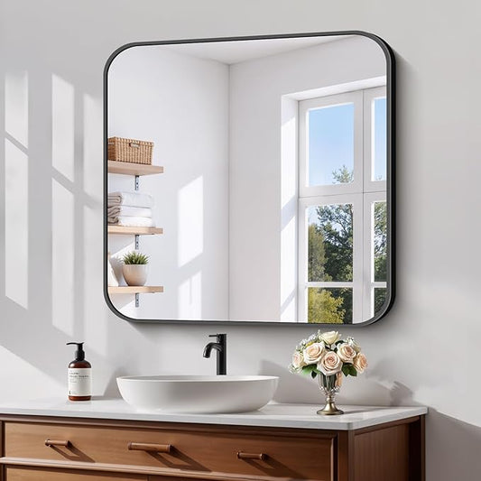 Koonmi Black Framed Bathroom Mirror - 30x30 Inch Shatterproof Tempered Glass Vanity Mirror for Bathroom Sink, Wall Mounted with Matte Aluminum Alloy Frame, No Distortion, Modern Decor