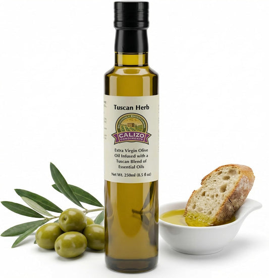 Calizo Tuscan Herb Infused Olive Oil, 250ml Glass Bottle, Cold Pressed Extra Virgin EVOO with Real Basil, Oregano, Rosemary, Garlic, Italian Dipping Oil for Bread, Pasta, Salad, Marinades, Gift Ready