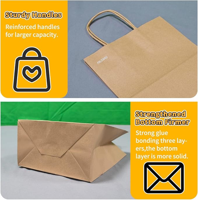 FACEBAG 50-Pack Brown Paper Bags with Handles Bulk, 8x4.25x10.5 Inches,Medium-sized Gift Bags with Handles for Party Favors，Take-Out，Grocery Shopping & Retail，Reusable & Durable