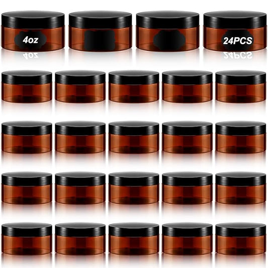 Dandat 24 Pcs 4 oz Plastic Jar Container with Lid and Label Refillable Empty Round Amber Pet Cosmetic Sample Slime Containers for Lotion, Cream, Ointments, Body Butter, Makeup, Travel Storage