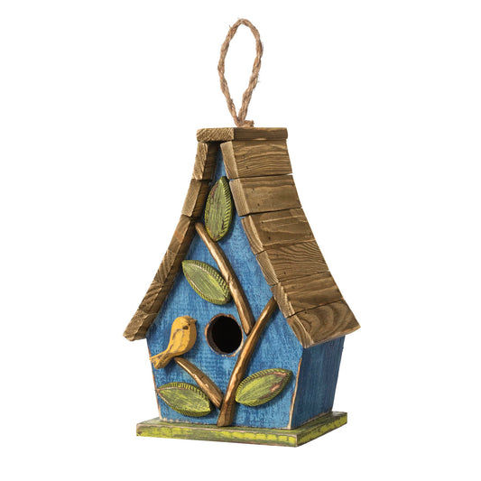 Glitzhome Hanging Bird House for Outdoor, 9.5"H Decorative Pet Cottage Distressed Wooden Bird House with Natural Wood Slatted Roof and 3D Tree for Bluebird Swallow Sparrow Finch Cardinals,Washed Blue
