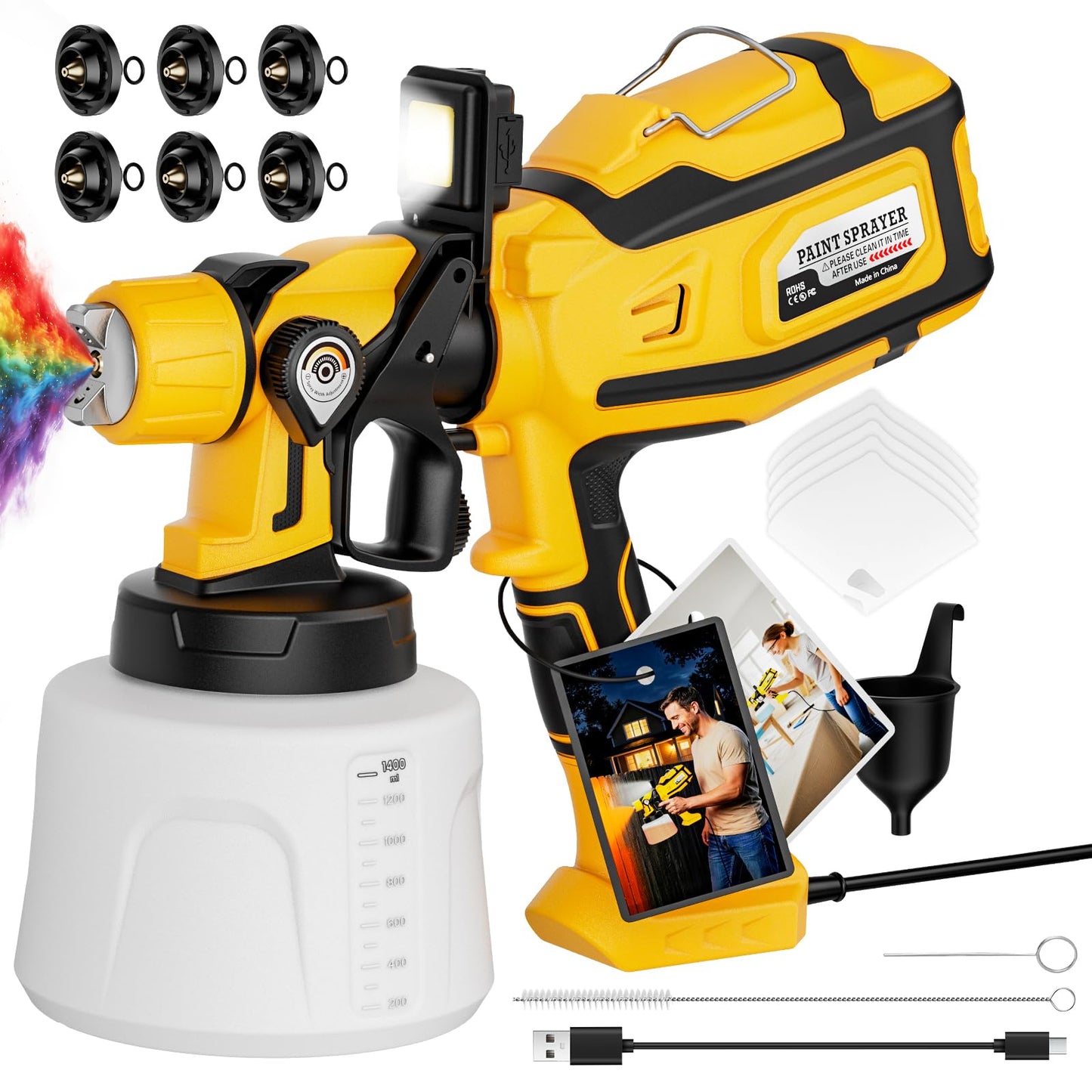 Paint Sprayer for House Painting, 1000W Paint Sprayers with 47oz (1400ml), 6 Copper Nozzles (0.5–2.5mm), LED Light, Adjustable Flow & 3 Patterns, Easy Clean Paint Sprayer for Furniture, House, Garden