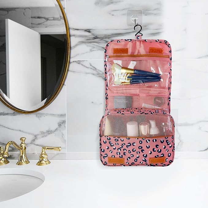 Lcsmaokin Large Capacity Toiletry Bag Travel Bag with Hanging Hook for Men and Women Waterproof Travel Cosmetic Bag Bathroom Storage Bag for Brushes Set,Full-Sized Shampoo,Accessories-Pink Smile