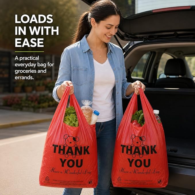 YoYoRain Red Thank you T shirt bag, Grocery shopping bag Reusable and Disposable Supermarket Bag 11''x6''x21'' 100PCS