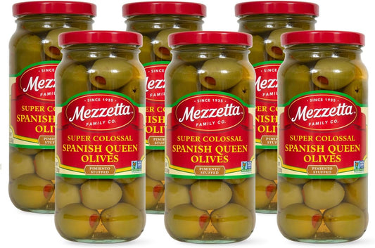 Mezzetta Pimiento Stuffed Spanish Queen Green Olives - Garnish for Martinis - Super Colossal Fruits - Firm Texture, Slightly Salty Flavor - Ideal for Snacks & Cheese Platters - 10 Oz Jar - Pack of 6