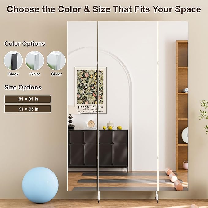 Brisafe 81" x 95" Extra Large Full Length Tri-Fold Mirror on Wheels, Stand Up Movable Floor Mirror with Stand, 3-Way Folding Standing Mirror for Gym, Dance Studio, Fitness Room & Home, Silver