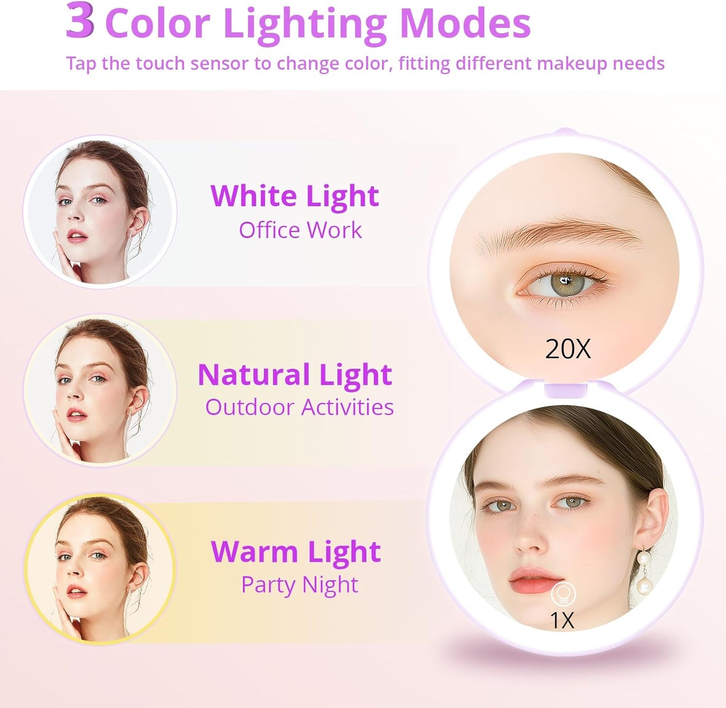 Fabuday Travel Compact Magnifying Makeup Mirror with Lights - Large 4.8'' Wide Led Lighted Portable Mirror with 1x/20x Magnification, Rechargeable Small Foldable 3 Color Lighting Mirrors, Purple