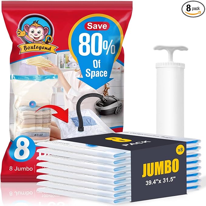 BoxLegend Vacuum Storage Bags with Large Size Hand Pump 8 Jumbo 31.5ââx39.37â' Thickened Vacuum Seal Bags for Clothing Space Saving Vacuum Pack Storage Bags for Pillow Comforters Bedding