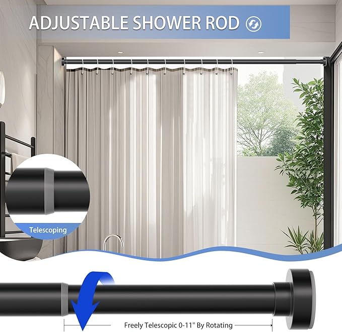 Black Shower Curtain Rod 34-66 Inches(2.8-5.5ft) Never Rust Adjustable Shower Rod Spring Tension Non Slip No Drilling Shower Rods for Bathroom Garland Window