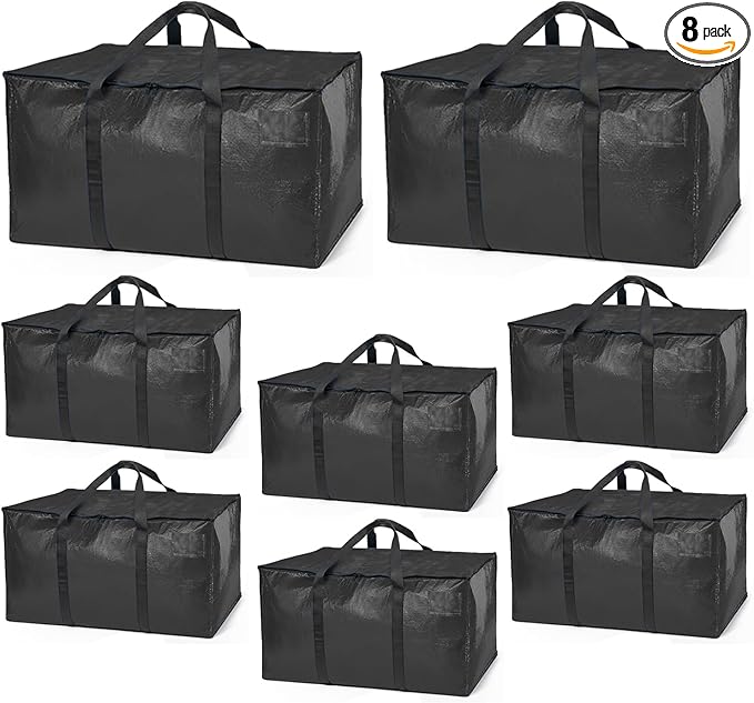 ClearSpace Heavy Duty Moving Bags or Storage Bags â Black Storage Bins with Lids, Large Moving Boxes with Backpack Straps & Zippers,â Packing Box & Moving Supplies for College Dorm, 8 Pack