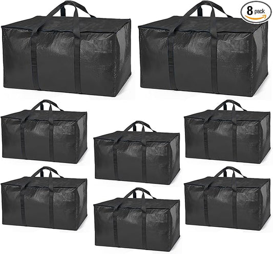 ClearSpace Heavy Duty Moving Bags or Storage Bags â Black Storage Bins with Lids, Large Moving Boxes with Backpack Straps & Zippers,â Packing Box & Moving Supplies for College Dorm, 8 Pack