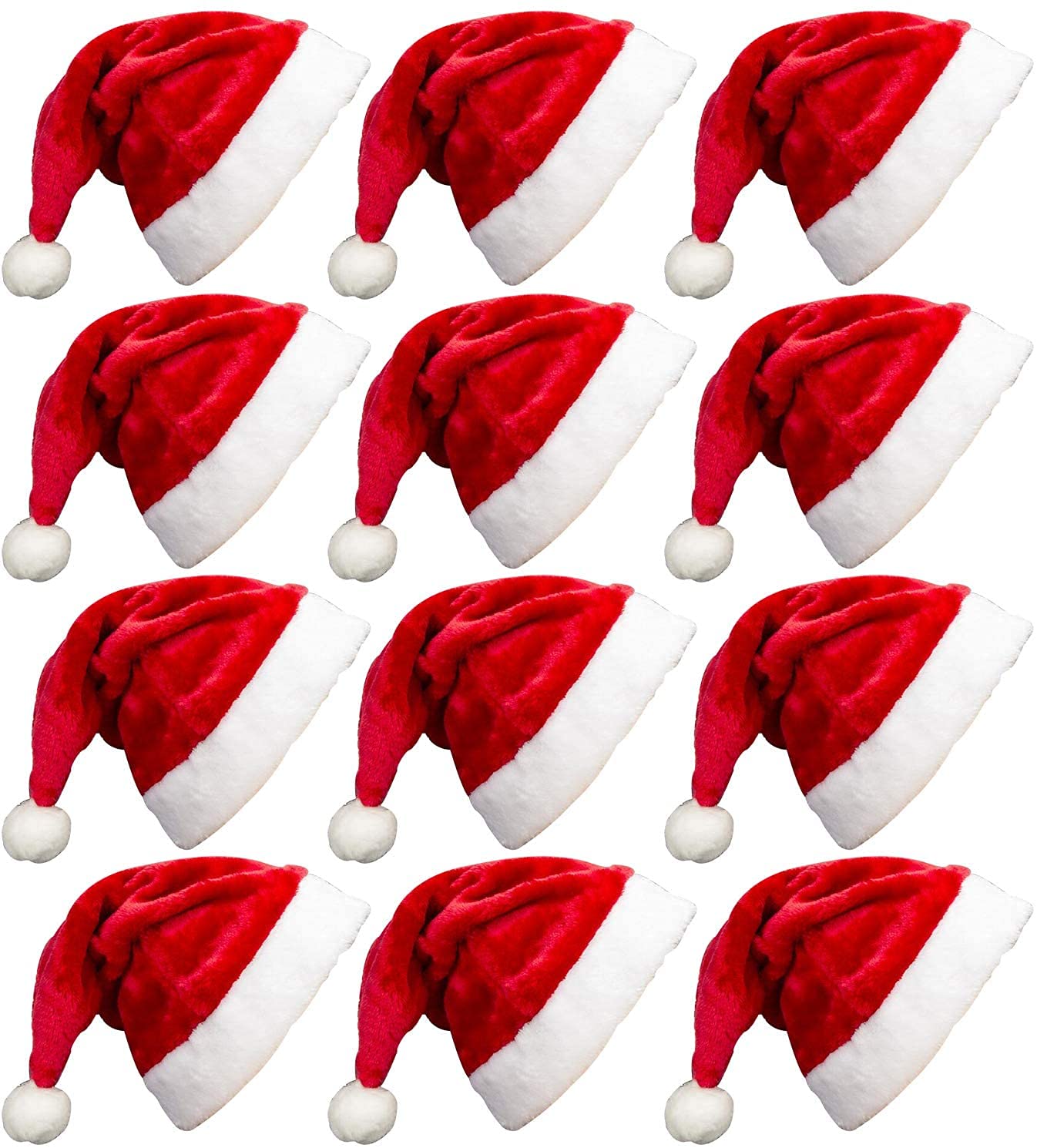 MarJunSep 12 Pack Plush Santa Christmas Hats for Kids Children Teenagers & Adults Small Head, Red Plush Xmas Hats with White Cuffs for Christmas Holiday
