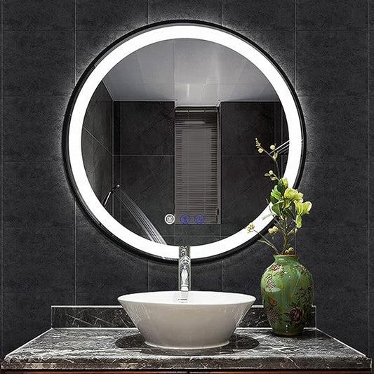 LED Bathroom Mirror with Lights 24'' Round Black Frame Vanity Mirror with Touch Lights Wall Mounted Mirror for 3Colors Dimmable Anti-Fog Memory Smart Light up Makeup Mirror Large Circle Wall Mirror