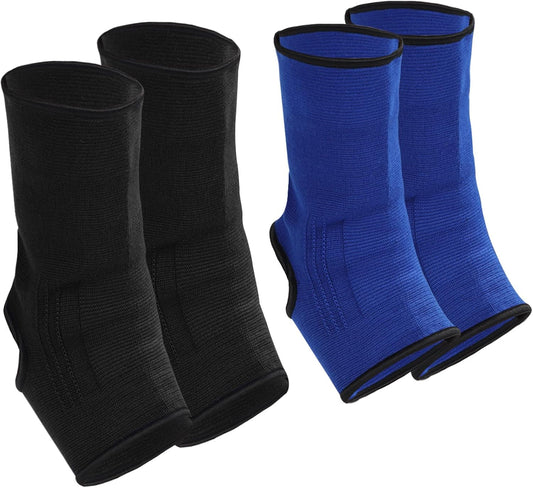 Geyoga 2 Pairs Muay Thai Ankle Support Compression Ankle Sleeve Boxing Foot Braces for Men Breathable Women Foot Wraps Support for Martial Arts Kickboxing Gym Running(Black, Blue,L)