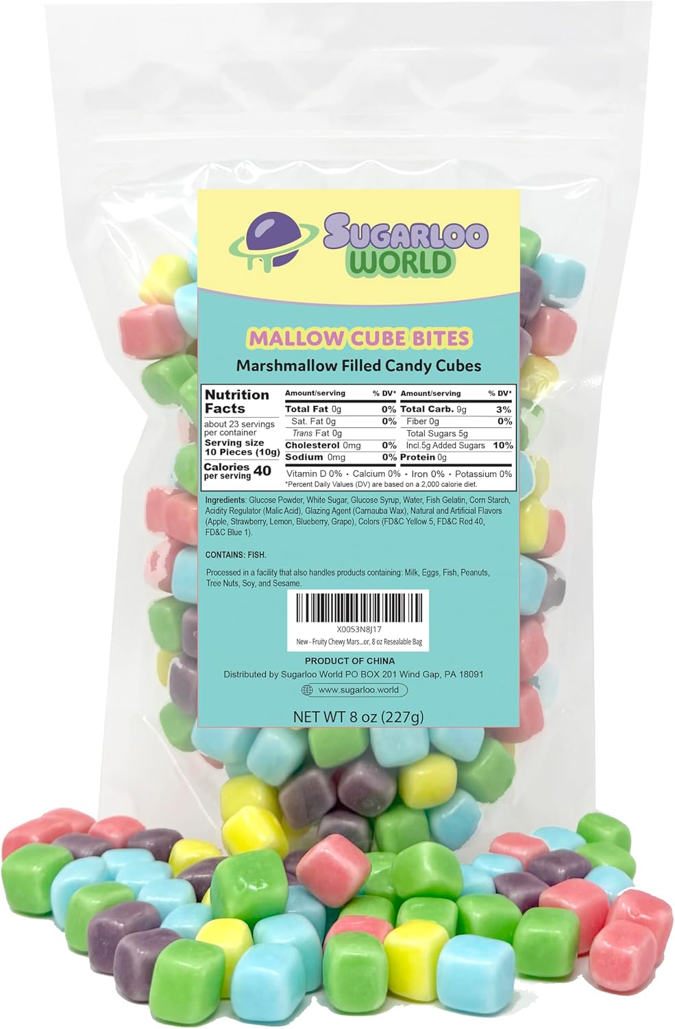 Fruity Chewy Marshmallow Filled Candy Cubes – Apple, Strawberry, Lemon, Blueberry, & Grape Fruit Flavor, 8 oz Resealable Bag