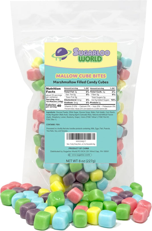 Fruity Chewy Marshmallow Filled Candy Cubes – Apple, Strawberry, Lemon, Blueberry, & Grape Fruit Flavor, 8 oz Resealable Bag