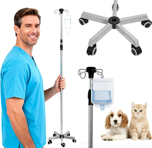 IV Pole with 4 Hooks 5 Legs, Rolling Base with Brake Wheel, 64.6 to 81.1 Inches Adjustable Height Portable Medical Pole IV Stand, Stainless Steel