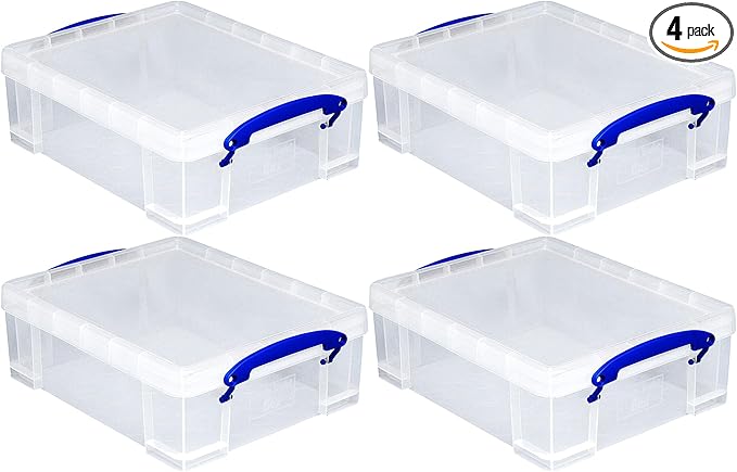 Really Useful Box 4 Pack Storage Bins, Clear Plastic Stackable Organizing Totes, 8.1 Liter