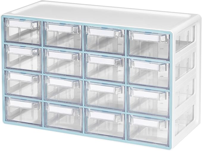 Blue Ginkgo Medium 16-Drawer Cabinet â Stackable Clear Organizer for Hardware, Beads, Plastic Bricks, Office, and Craft Storage (Made in Korea, Blue)