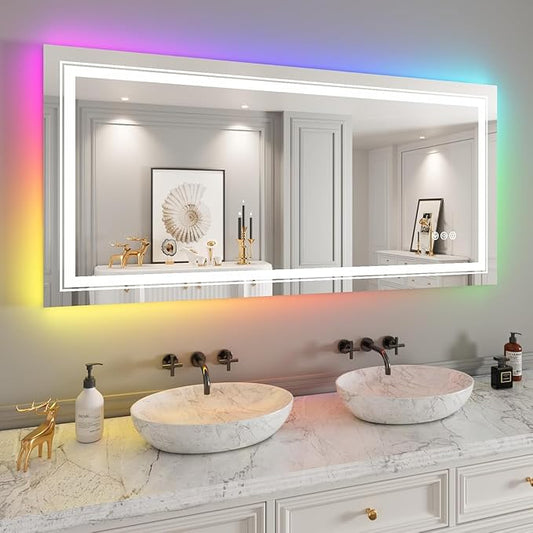 LED Mirror for Bathroom, 60"X28" with 8 RGB Backlit +3 Front Lit (Adjustable Individually), Anti-Fog, Large Lighted Bathroom Vanity Mirror for Wall,Shatterproof,Memory Function,Tempered Glass