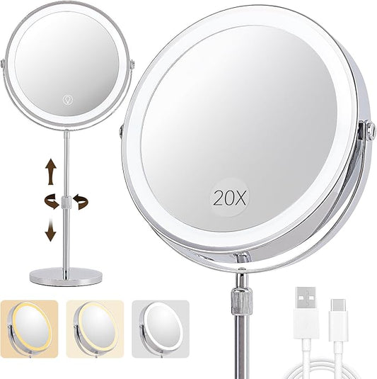 1X/20X Magnifying Makeup Mirror with Lights - 9" Large Dual-Sided Vanity Mirror with 3 Color Lights for Women's Travel Cosmetic Mirror | 3000 mAh-USB Rechargeable | 360Â° Rotation | Adjustable Height