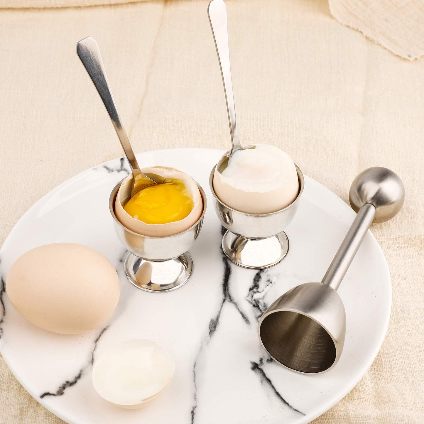 Egg Cracker Topper Cutter Set for Soft Boiled Eggs Stainless Steel Shell Remover Separator Include 2 Egg Cups 2 Spoons 1 Topper Cutter