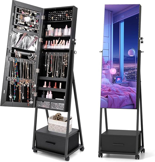 CHARMAID Rolling Jewelry Cabinet with Full Length Mirror, 62'' Floor Standing Jewelry Armoire with Wheels and Metal Frame, Lockable Jewelry Organizer with Large Storage Drawer (Black)