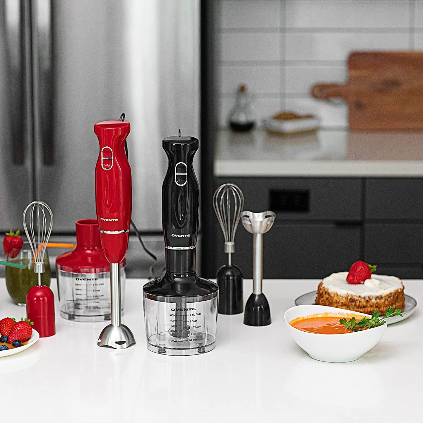 OVENTE Immersion Hand Blender, 300W Electric Handheld Portable Stick Mixer Set with 2 Mixing Speed, Stainless Steel Blades, Egg Whisk Attachment, Mixing Beaker and BPA-Free Food Chopper, Red HS565R