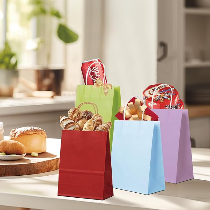 BAG BOX 100 Pack Small 5.9 * 3.2 * 8.3 Inch Inch Red Kraft Paper Gift Bags with Handles for Bulk Shopping, Retail, Craft, Party Favors, Wedding, Grocery & Sacks