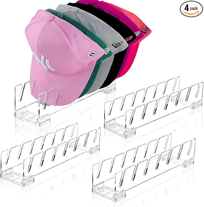 FAMOVELLÂ® 4 Pack Acrylic Hat Organizer for Baseball Caps, Clear Hat Stand for Closet Dresser Bedroom and Shelf - Non-Slip Cap Holder Displays and Holds Up to 28 Tennis or Trucker Hats