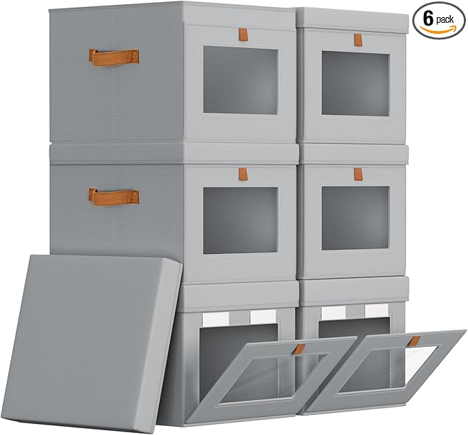 Storage Bins with Lid â Closet Organizer with Side Opening and Clear Window, Foldable Stackable Fabric Basket for Clothes, Home, Office - 13.77" x 11.8" x 9.8", 6 Pack, Grey