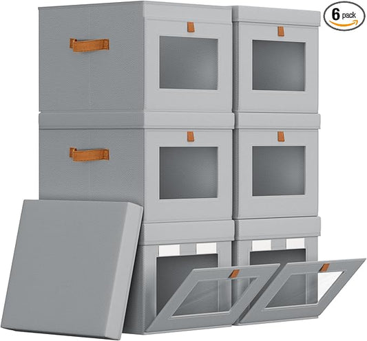 Storage Bins with Lid â Closet Organizer with Side Opening and Clear Window, Foldable Stackable Fabric Basket for Clothes, Home, Office - 13.77" x 11.8" x 9.8", 6 Pack, Grey