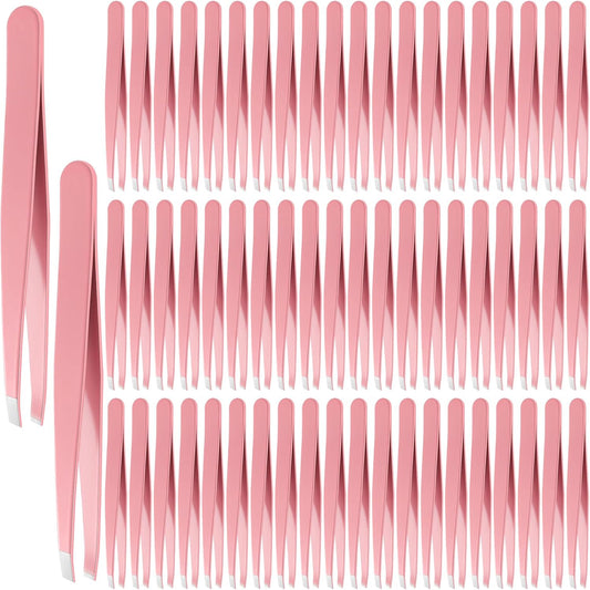 Lasnten 64 Pieces Eyebrow Tweezers for Women Men Slanted Precision Stainless Steel Tweezers Facial Hair Removal Ingrown Hair Eyelash Extension Plucking Blackhead(Pink)